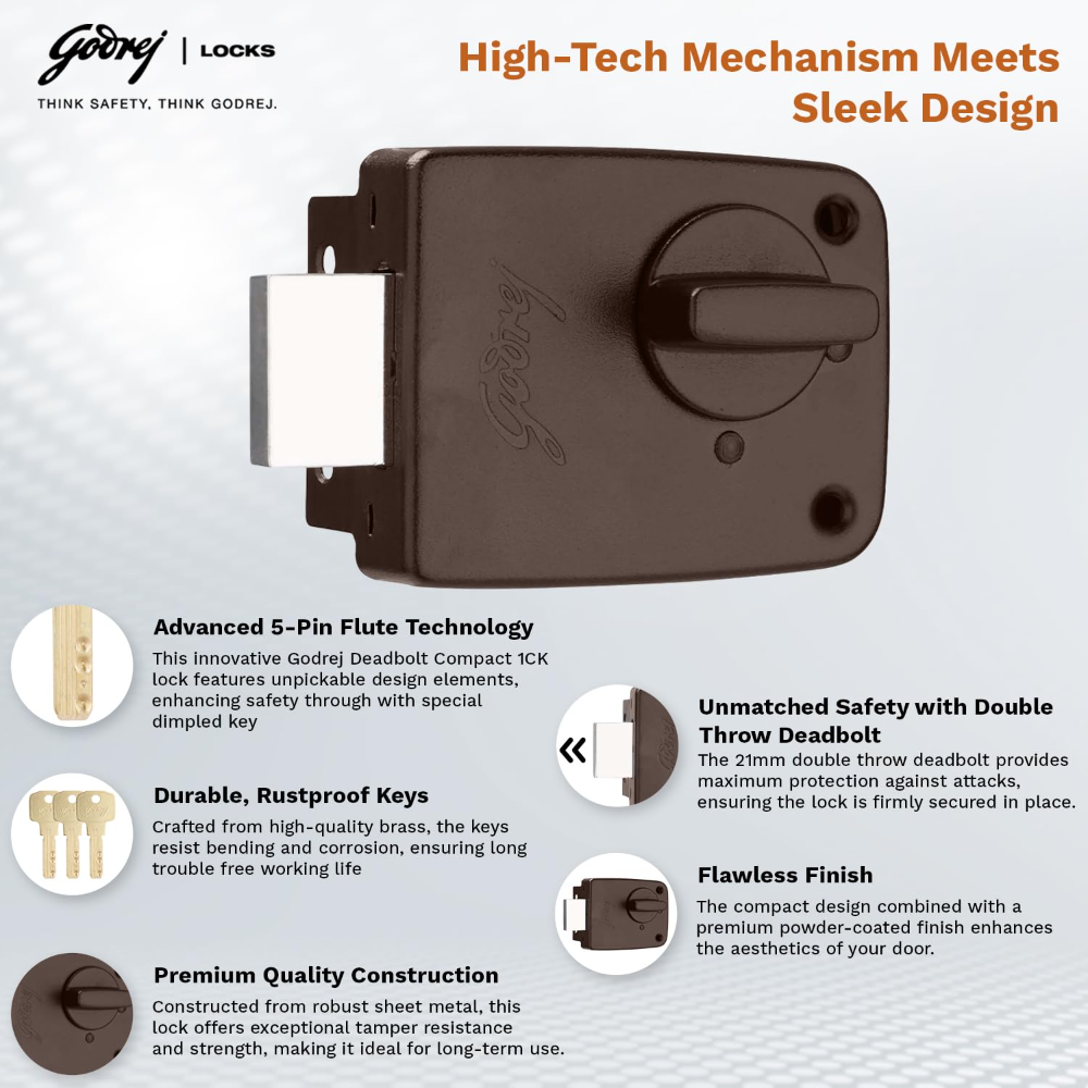 Godrej Rim Lock I Deadbolt Compact I 1CK Deadbolt I for Inside Opening Wooden Main Door | Left Right Handed Doors I 3 Keys I 1 Years Warranty I Textured Brown Finish